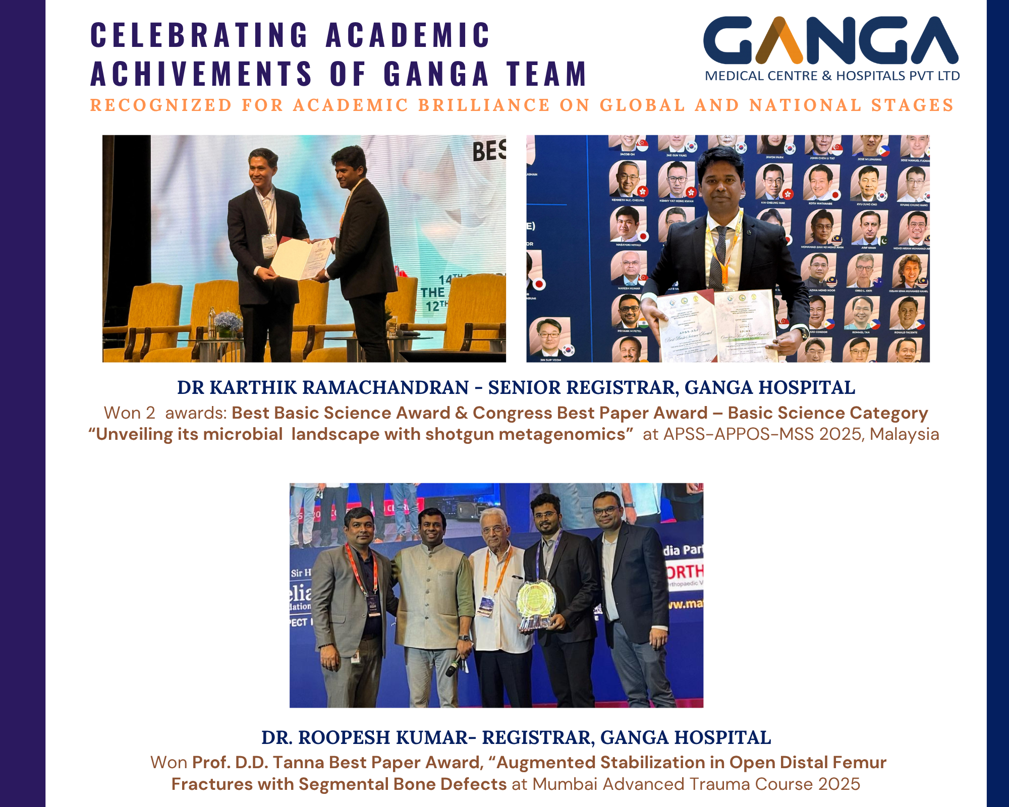 CELEBRATING ACADEMIC ACHIVEMENTS OF GANGA TEAM <br> <h5>RECOGNIZED FOR ACADEMIC BRILLIANCE ON GLOBAL AND NATIONAL STAGES </h5> <h4>DR KARTHIK RAMACHANRAN - SENIOR REGISTER, GANGA HOSPITAL </h4> <h4>DR. ROOPESH KUMAR - REGISTRAR, GANGA HOSPITAL </h4>